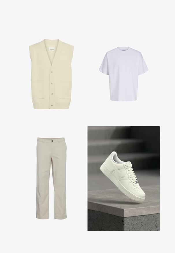 Sød, cremefarvet ærmeløs cardigan med V-hals, der har knapper foran og to sidelommer. Den strukturrede strikstof er synlig.; Simpel hvid oversized t-shirt med korte ærmer, rund hals og løs pasform mod en hvid baggrund.; Beige bomuldsbukser med lige ben, frontlommer og enkelt knaplukning. Glat tekstur og minimale syningsdetaljer.; Hvid lædersneaker med lavprofildesign, tekstureret overflade, perforeringer på tåen og sølvfarvede detaljer på snørebånd og mærkning.