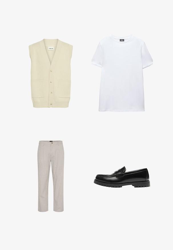 Sød, cremefarvet ærmeløs cardigan med V-hals, der har knapper foran og to sidelommer. Den strukturrede strikstof er synlig.; Simpel hvid t-shirt med korte ærmer og rund halsudskæring med en sort Pull&Bear mærkat indeni kraven, vist på en hvid baggrund.; Lys grå stribede bukser, lige pasform, med en enkelt knaplukning i taljen og to frontlommer. Glat tekstur.; Sort læderloafer med en kraftig gummisål og klassiske penny-strap detaljer, vist fra ydersiden.