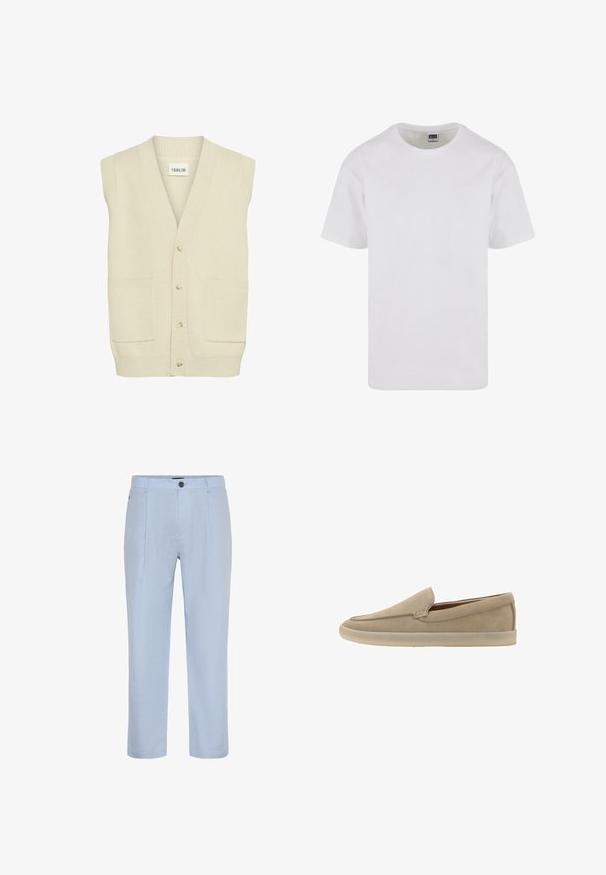 Cardigan sans manches de couleur crème avec un col en V, doté de boutons sur le devant et de deux poches latérales. Un tissu en tricot texturé est visible.; T-shirt blanc à col rond fabriqué en coton doux, avec des manches courtes et un ourlet droit. Design simple, sans embellissement et de couleur unie.; Pantalons en lin bleu clair avec une coupe droite, des plis avant et une fermeture à un bouton. Texture lisse et sans motifs visibles.; Mocassin beige en daim à enfiler, semelle en caoutchouc clair, petit talon et coutures discrètes le long du bord supérieur.