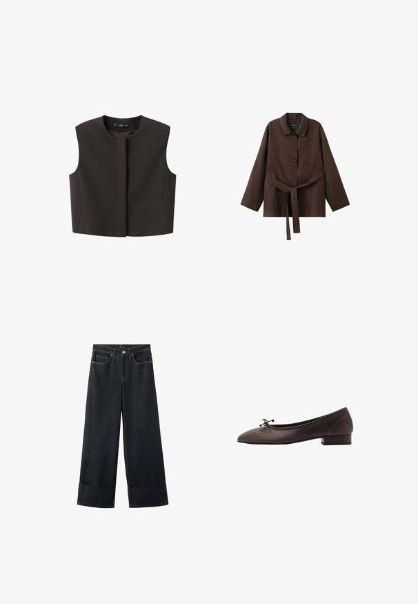 Brun cropped vest, ærmeløs, med rund halsudskæring og frontslå. Fremstillet af tekstureret stof; minimalistisk design, uden synlige beslag.; Mørkebrun langærmet jakke med krave, to knapper og et matchende bælte i stof bundet om taljen.; Vidbenede mørke blå jeans i denim med opbukket kant, forlommer og kontrastsyning. Fremstillet af robust denimstof for holdbarhed.; Brune læder balletflade med rund tå og lille blokhæl. Har en tynd sløjfe foran og diskrete syningsdetaljer.
