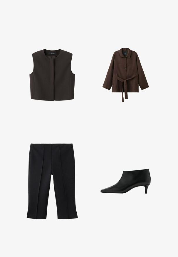 Veste courte marron, sans manches, avec un col rond et une patte de boutonnage à l'avant. Confectionnée en tissu texturé ; design minimaliste, sans éléments métalliques visibles.; Veste marron foncé à manches longues avec col, deux boutons et une ceinture assortie en tissu nouée à la taille.; Pantalon noir court avec deux plis avant, texture lisse et fermeture éclair latérale. Design sur mesure, sans motifs visibles.; Bottine en cuir noir avec bout pointu et petit talon kitten, conçue pour un port élégant et formel.