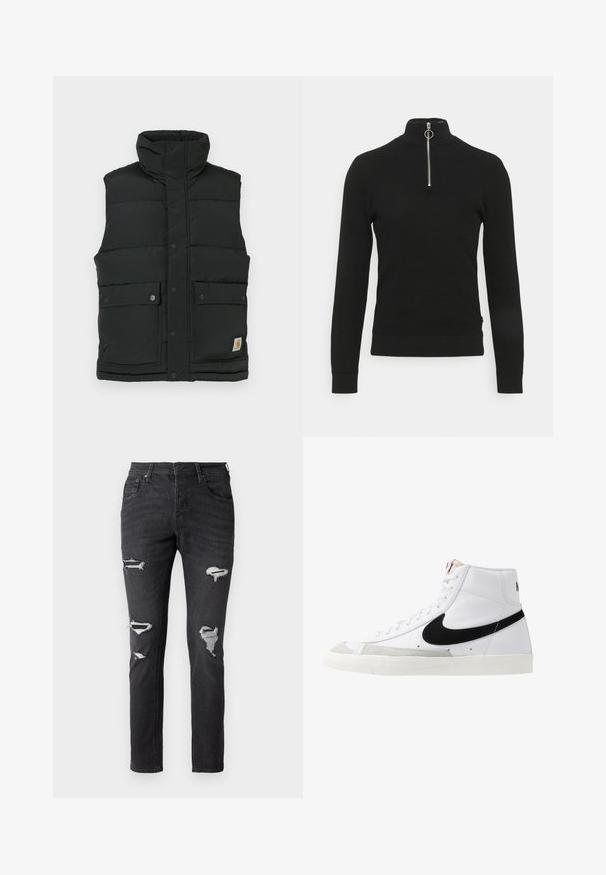 Sort puffer vest med høj krave, trykknaplukning, to frontlommer og logo-patch på nedre side. Glat, quiltet tekstur.; Sort textured pullover sweatshirt med høj krave og sølvfarvet lynlås. Har ribbede manchetter og kant for en tætsiddende pasform.; Sorte denim jeans med en slim fit, der har flere slidte områder og synlige lapper ved knæene. Klassisk fem-lomme design.; Hvide høje sneakers med et sort swoosh, struktureret grå tåhætte og flad hvid sål. Har seks snørrehuller og syede detaljer.