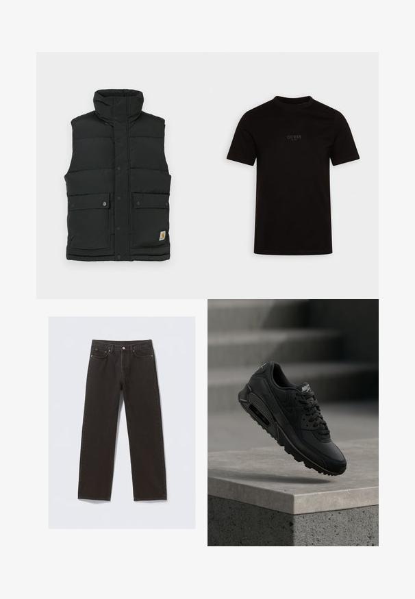 Sort puffer vest med høj krave, trykknaplukning, to frontlommer og logo-patch på nedre side. Glat, quiltet tekstur.; Sort kortærmet t-shirt lavet af bomuld, med rund halsudskæring og et logo på forsiden af brystet med "GUESS EST. 1981" i et diskret design.; Svarte denimjeans med straight-leg design, fem lommer og kobberfarvet syning. Glat tekstur, klassisk knaplukning i taljen.; Sort Nike Air Max 90 sneaker har et kombineret materiale af læder og mesh, runde snørebånd og en synlig air-enhed i sålen.