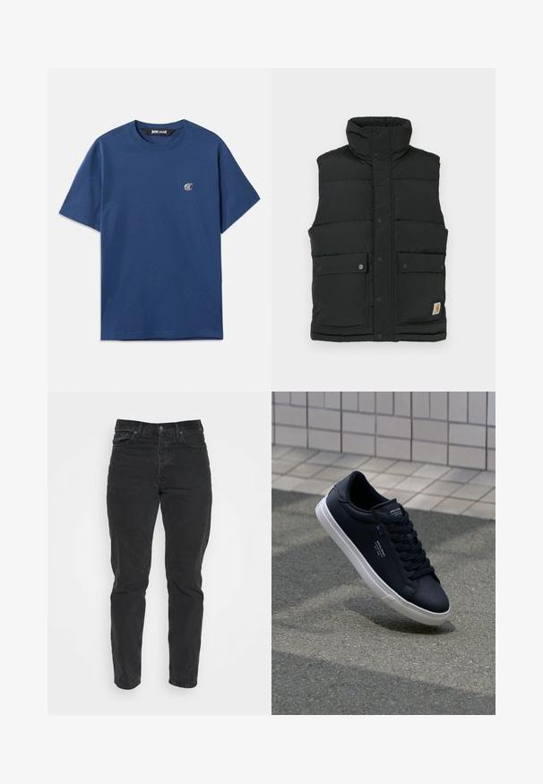 Sort puffer vest med høj krave, trykknaplukning, to frontlommer og logo-patch på nedre side. Glat, quiltet tekstur.; Marineblå bomulds t-shirt med rund hals, korte ærmer og et lille ovalt logo på venstre bryst. Glat tekstur, afslappet pasform.; Sorte denimjeans med lige pasform, fem lommer, frontlukning med knap og kontrastsyninger. Glat tekstur med let slid synligt.; Sort lædersneaker med en glat overflade, hvid gummisål og tonale snørebånd. Har mærkeaccentuer på tungen og siden.