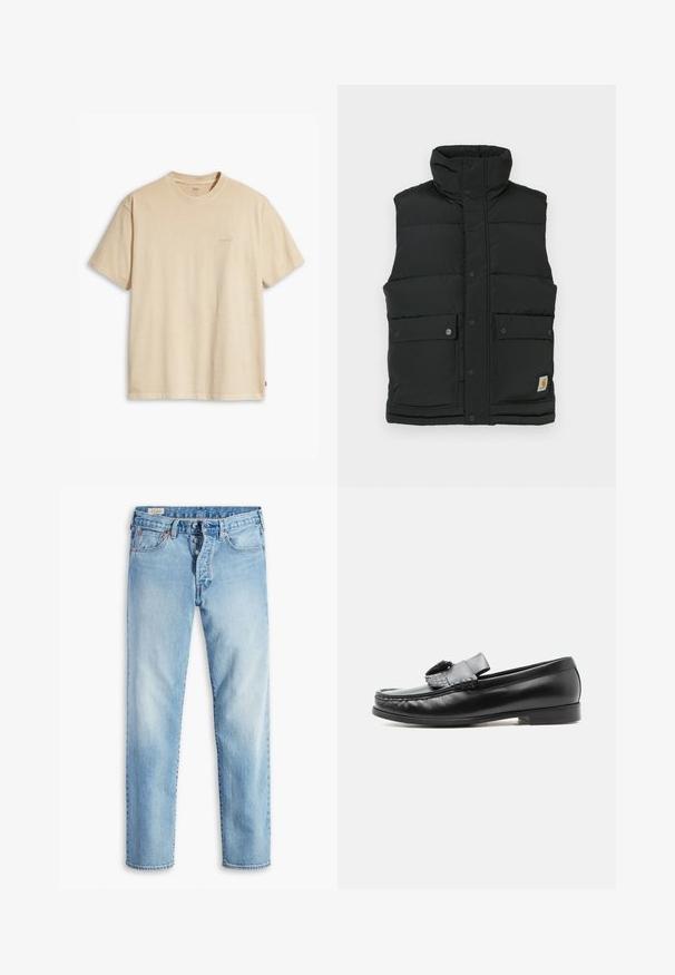 Sort puffer vest med høj krave, trykknaplukning, to frontlommer og logo-patch på nedre side. Glat, quiltet tekstur.; Beige bomulds t-shirt med rund hals og korte ærmer. Har et subtilt "Levi's" logo i samme farve på brystet. Blød tekstur.; Lyseblå denimjeans med lige ben, der har fem lommer, bæltestropper og lukning med knapper.; Sort læderloafer med kvastdetalje, lav hæl og rundet tå, vist fra siden mod en ensartet lys baggrund.