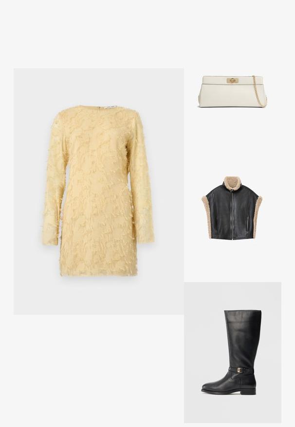 Veste en cuir noir avec col et bordure en shearling beige, dotée d'une fermeture éclair à l'avant et de côtés ouverts pour un design structuré.; Robe jaune à manches longues, tissu texturé avec des détails effilochés partout. Encolure ronde avec une fermeture éclair au dos.; Bottes noires en cuir, arrivant jusqu'au genou, avec une texture lisse, un petit détail de boucle en or, un bout rond et un talon bas empilé. Design simple et épuré.; Pochette rectangulaire en cuir crème avec fermoir tourniquet doré et bandoulière chaîne en or, présentée sur un fond blanc.