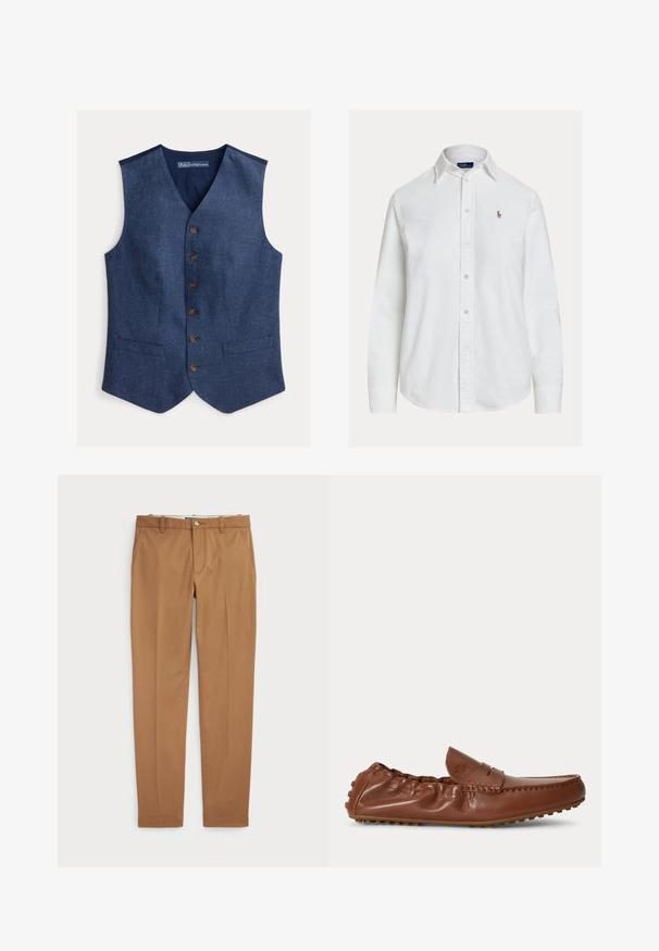 Gilet bleu texturé pour homme avec boutons, deux poches avant et col en V, présenté à plat.; Chemise blanche à manches longues, boutonnée avec col et petit logo brodé sur la poitrine gauche, présentée sur fond uni.; Pantalons en coton marron au design ajusté, devant plat et poches standard ; texture lisse et ourlets finis.; Mocassin en cuir marron avec détails cousus et arrière élastiqué, doté d’une semelle texturée pour une meilleure adhérence.