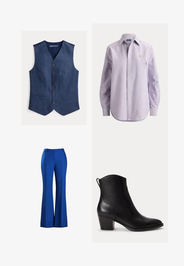 Chaleco azul texturizado de hombre con botones, dos bolsillos delanteros y cuello en V, presentado plano.; Camisa de manga larga color púrpura claro con botones y cuello, con un pequeño logo bordado en el lado izquierdo del pecho, presentada sobre un fondo liso.; Pantalones azules acampanados hechos de tejido texturizado, con una cintura ajustada y detalle de plisado en la parte delantera, adecuados para ocasiones formales o informales.; Botín negro de cuero con tacón de bloque bajo, puntera redondeada y lengüeta trasera contra un fondo blanco liso.