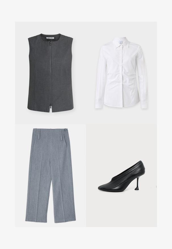 Veste sans manches gris foncé avec fermeture éclair à l'avant, encolure ronde et coutures latérales légères, présentée sur un fond clair uni.; Chemise blanche à manches longues avec boutons et col, tissu légèrement froissé et étiquette de marque visible à l'intérieur du col.; Pantalons larges gris clair en tissu texturé, avec deux plis avant et deux poches latérales. Design épuré et ajusté.; Chaussure à talon haut en cuir noir avec bout pointu, semelle incurvée et talon stiletto fin évasé sur fond clair uni.