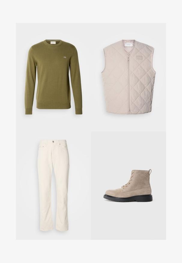 Quilted, ærmeløs vest i lys beige med lynlås og minimal branding. Har diamantmønster og glat tekstur.; Olivengrøn striktrøje med rund hals, lange ærmer og ribstrikkede manchetter og kant. Har et lille broderet logo på brystet.; Beige bomuldsjeans med et klassisk lige ben-design, der har en forreste knaplukning, fem lommer og diskrete syninger.; Beige ruskindsankelstøvler med sort gummisål, snørelukning og et lille logo præget på siden, med en løftestrop bagpå.