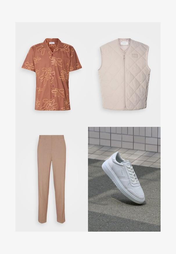 Chaleco acolchado sin mangas en un tono beige claro con cierre de cremallera y un branding mínimo. Presenta un patrón de diamantes y una textura suave.; Camisa marrón de manga corta con un patrón floral en hilo dorado, con dos botones oscuros y un cuello. Tejido suave con un corte holgado.; Pantalones beige a medida en una tela lisa y con textura. Corte recto con cintura y sin adornos ni bolsillos visibles.; Zapatillas blancas que combinan cuero liso y ante, con detalles perforados, cordones planos y una suela acolchada.