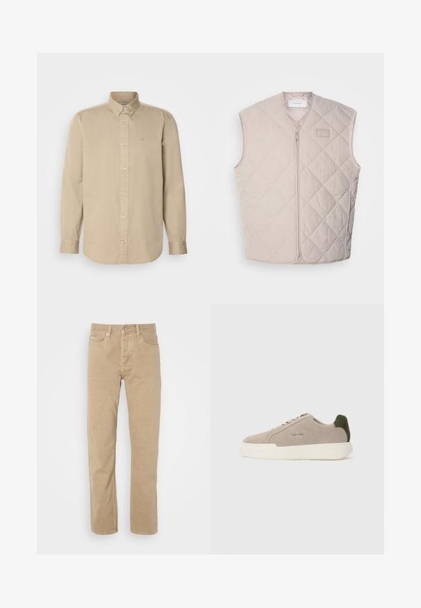 Gesteppte, ärmellose Weste in Hellbeige mit Reißverschluss und minimalem Branding. Sieht aus mit Rautenmuster und glatter Textur.; Beige Langarmhemd aus Baumwolle mit Button-Down-Kragen, Vorderknopfverschluss und kleinem gesticktem Logo auf der Brust.; Beige Baumwollhose mit geradem Bein, ausgestattet mit Fronttaschen, einem Knopfverschluss und dezenten Nähten entlang der Säume.; Beige Wildledersneaker mit einer weißen Gummisohle, die einen dunkelgrünen Akzent an der Ferse und dezente Markenaufschrift an der Seite aufweisen.