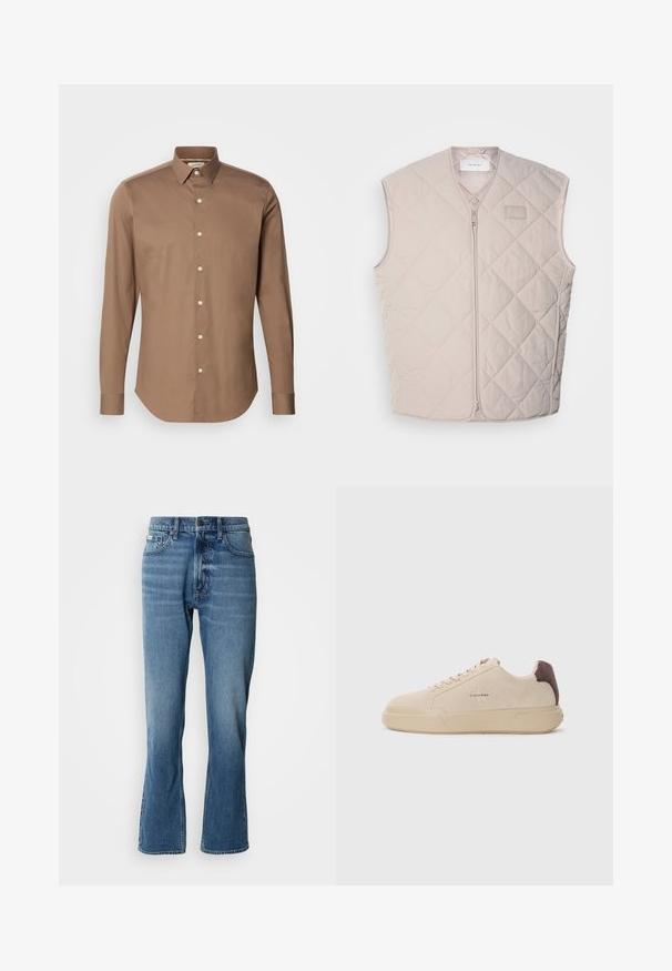 Gilet matelassé sans manches en beige clair avec une fermeture éclair et un branding minimal. Présente un motif en losanges et une texture lisse.; Calvin Klein SLIM - Chemise - new tan; Jeans en denim bleu clair avec une coupe droite et une légère évasée. Comprend cinq poches, une fermeture à bouton et des détails de décoloration subtils.; Baskets en daim beige avec un bout rond, lacets à l'avant et un accent en daim marron sur le talon. Dotées d'une semelle en caoutchouc texturé.