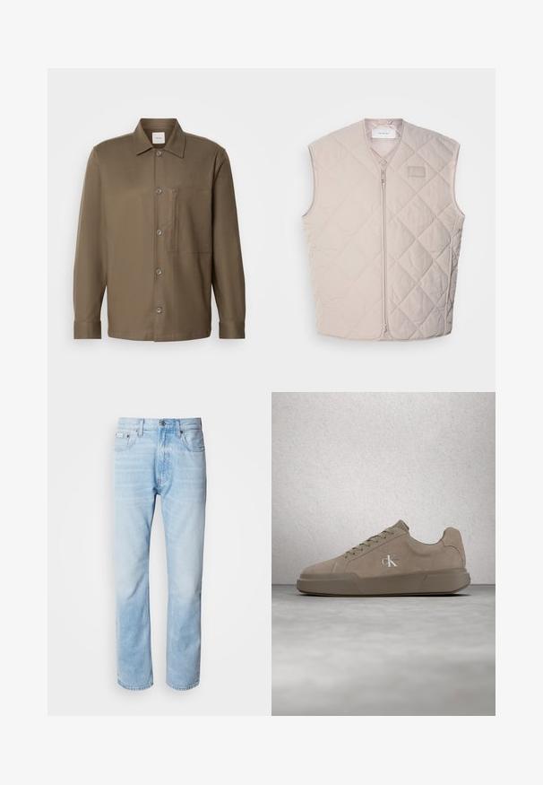 Gilet matelassé sans manches en beige clair avec une fermeture éclair et un branding minimal. Présente un motif en losanges et une texture lisse.; Chemise brune à manches longues, avec col, poche poitrine et texture lisse. Comprend des boutons gris sur le devant.; Jean en denim bleu clair, à coupe droite, avec des sections décolorées, design à cinq poches et fermeture à bouton classique.; Baskets en daim beige avec lacets et logo "ck", présentées en suspension au-dessus d'un sol en béton poli avec un mur en blocs de verre en arrière-plan.