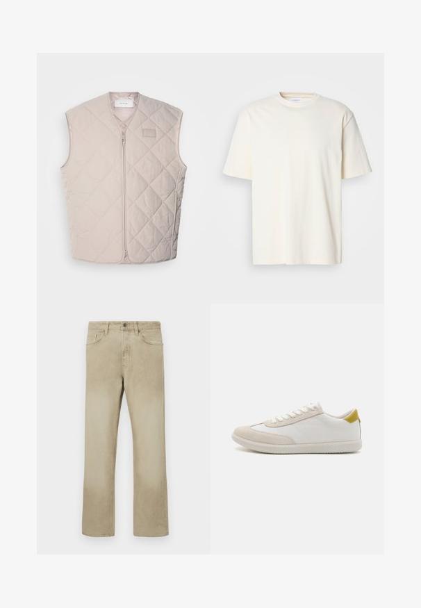 Gesteppte, ärmellose Weste in Hellbeige mit Reißverschluss und minimalem Branding. Sieht aus mit Rautenmuster und glatter Textur.; Ein einfarbiges, off-white T-Shirt mit kurzen Ärmeln und Rundhalsausschnitt, unisex Design, auf einem neutralen grauen Hintergrund präsentiert.; Beige Baumwollhosen mit geradem Bein, ausgestattet mit Fronttaschen und klassischem Knopfverschluss. Glatte Textur mit subtilen Ausbleichungen.; Weißer Sneaker mit beigen Wildlederelementen, strukturiertem Gummisohlen und einem gelben Fersenakzent. Verfügt über ein traditionelles Schnürdesign.
