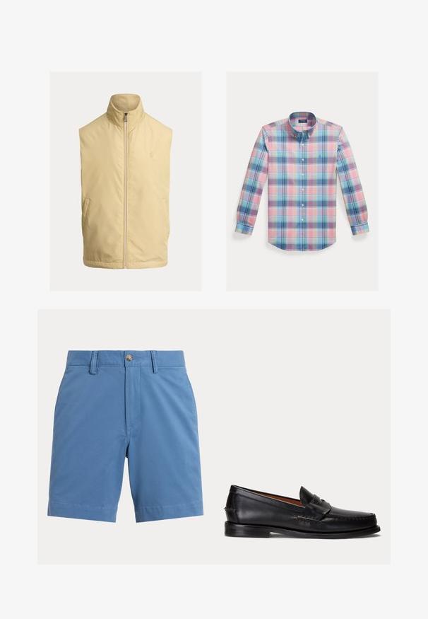 Veste sans manches jaune avec col montant, fermeture éclair à l'avant et deux poches latérales ; fabriquée en tissu lisse et léger avec un logo discret.; Chemise en coton à boutons, présentant un motif à carreaux multicolores avec des teintes de rose, bleu et vert. Comprend un col classique et des manches longues.; Shorts décontractés bleus pour hommes avec passants de ceinture, bouton sur le devant et fermeture éclair sur un fond uni clair.; Mocassin en cuir noir avec un petit talon et une bride penny, vu de côté sur un fond gris clair.