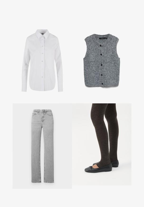 Veste sans manches en maille grise avec une texture douce, présentant un col arrondi et six boutons noirs sur le devant.; Chemise blanche à manches longues avec un col classique, texture lisse et six boutons à l'avant. Coupe ajustée avec un ourlet arrondi.; Jean denim gris clair à jambes droites avec bouton et fermeture éclair à l'avant, passants de ceinture et design cinq poches.; Jambes portant des leggings côtelés foncés associés à des ballerines noires avec de petits détails en nœud sur fond blanc.