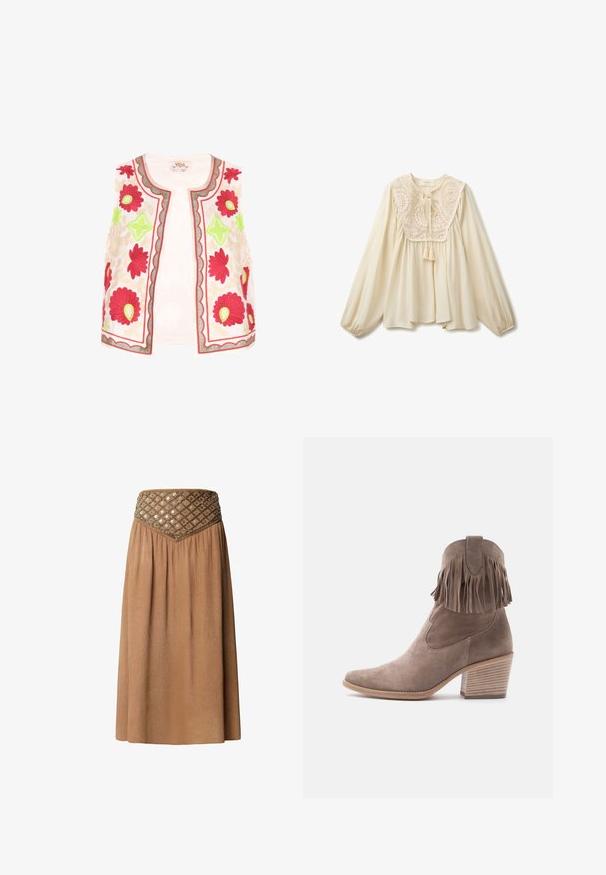 Chaleco sin mangas bordado en tejido blanco con patrones florales en rojo, rosa y verde, con un borde festoneado y un ribete en contraste.; Blusa de manga larga de color crema con corte holgado, puños elásticos y una gran pechera de encaje bordada con lazos con borlas en el escote.; Falda maxi marrón con un tejido texturizado, que presenta una cinturilla elaborada adornada con patrones geométricos y detalles de metal.; Bota de tobillo de ante color topo con detalle de flecos, punta afilada y tacón de bloque apilado sobre fondo blanco.