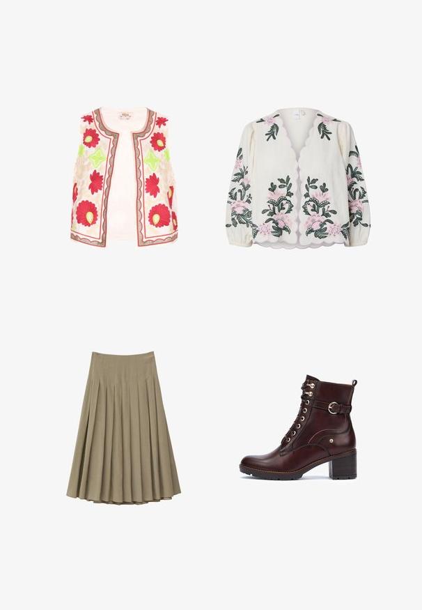 Broderet ærmeløs vest i hvidt stof med røde, lyserøde og grønne blomsterprint, med en bølget kant og kontrasterende kant.; Kremfarvet bluse med lange ærmer, bølgede kanter og pink og grøn blomsterbroderi på fronten og ærmerne.; Beige plisseret midi-nederdel med høj talje, jævnt fordelt lodrette plisseringer og en udvidet A-linje silhuet.; Pikolinos LLANES - Ankelstøvler - dark brown