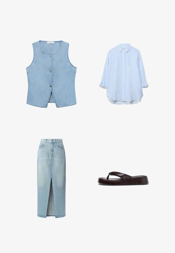 Denimvest i lys blå, med rund halsudskæring, fem sølvfarvede trykknapper og uden ærmer. Glat tekstur med synlige sømme.; Lyseblå og hvide lodrette stribede skjorte med lange ærmer, knapper, krave og opkrogede manchetter, let oversized pasform.; Lys blå denimnederdel med en fortil åbning, fem lomme-design og bæltestropper. Fremstillet af bomuld med en glat tekstur og let falmede detaljer.; Mørkebrun platformsandaler med flip-flop design, tyk polstret sål og brede læderremme, vist fra siden på hvid baggrund.