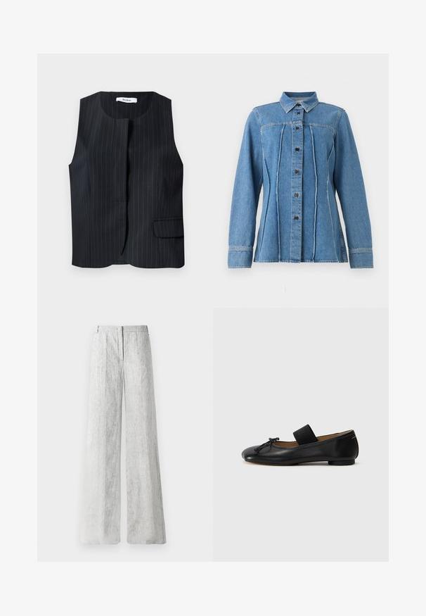 Sort ærmeløs vest med nålestriber, rund halsudskæring og en enkelt klaplomme på en hvid baggrund.; Blå denim langærmet skjorte med frontknapper, spids krave, lodrette sømme og syede manchetter.; Lys grå, brede bukser lavet af et tekstureret stof med subtile lodrette linjer. Har en frontlynlås og bæltestropper.; Sorte læder ballet flats med en rund tå, en lille knude detalje og et elastisk bånd over vristen for en sikker pasform. Flad sål.
