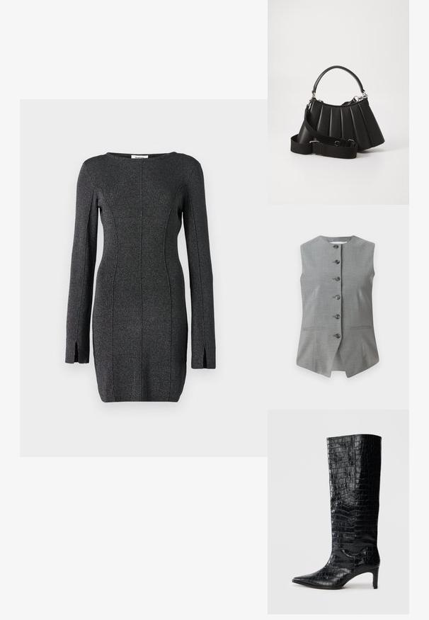 Gilet sans manches gris avec un col rond, fermeture à boutons à l'avant et deux poches latérales. Fabriqué en tissu texturé avec une coupe ajustée.; Robe tricotée noire à manches longues, avec des fentes latérales, un col rond et des coutures pour un silhouette cintrée.; Bottes noires montantes, avec une texture brillante à motif crocodile, bout pointu et talon effilé. Matériau synthétique lisse.; Sac à main plissé noir avec une poignée arrondie, une bandoulière réglable et une texture brillante. Présente des accessoires en argent et une silhouette structurée.