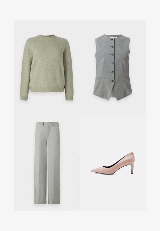 Chaleco sin mangas gris con un escote redondo, cierre de botones en la parte delantera y dos bolsillos laterales. Fabricado con una tela texturada y un ajuste entallado.; DRYKORN PEMIRI - Jersey de punto - green; Pantalones gris de pierna ancha en una tela ligera, con un frente plano, presillas para cinturón y líneas limpias y ajustadas sin patrones visibles.; Zapato de tacón alto beige con punta estrecha y tacón de aguja delgado sobre un fondo blanco liso.