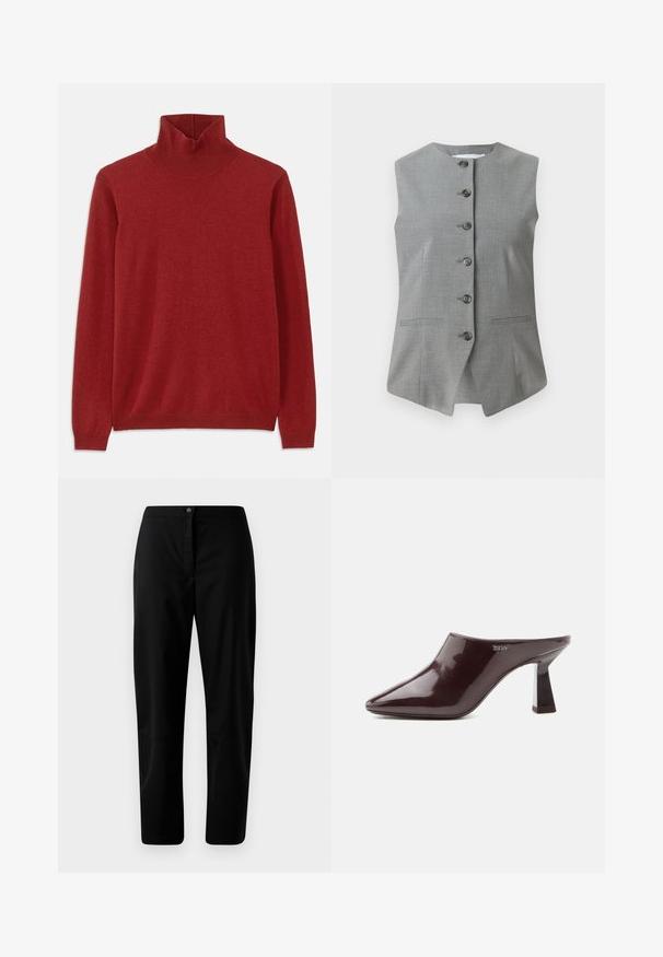 Gilet sans manches gris avec un col rond, fermeture à boutons à l'avant et deux poches latérales. Fabriqué en tissu texturé avec une coupe ajustée.; Pull col roulé rouge en tissu doux, doté d'un col côtelé et de manches longues, avec une texture lisse et sans motifs visibles.; Pantalons droits noirs avec fermeture à bouton et à zip, tissu lisse et détails minimaux sur un fond clair.; Mule brun foncé brillant à bout pointu avec un talon bloc et logo DKNY sur le côté, présentée sur un fond blanc uni.