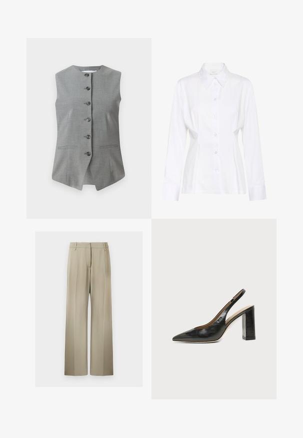 Gilet sans manches gris avec un col rond, fermeture à boutons à l'avant et deux poches latérales. Fabriqué en tissu texturé avec une coupe ajustée.; Blouse blanche à manches longues avec col pointu, taille cintrée et étiquette de marque visible "Gestuz" à l'intérieur du col.; Pantalons à jambes larges en tissu beige doux, avec un devant plat, des passants de ceinture et une texture lisse. Taille standard sans motifs visibles.; Chaussure slingback en cuir noir à bout pointu avec un talon bloc haut et une doublure intérieure beige sur un fond clair uni.