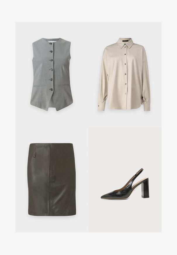 Grijze mouwloze vest met een ronde halslijn, sluiting met knopen aan de voorkant en twee zijzakken. Gemaakt van een gestructureerde stof met een getailleerde pasvorm.; DRYKORN LYSILA - Overhemdblouse - brown; Donkergroene leren rok met een gladde textuur, nauwsluitende pasvorm en een enkele zijzak. Eenvoudig design zonder zichtbare hardware of patronen.; Zwarte leren slingback schoen met spits toelopend neusje, hoge blokhak en beige binnenvoering tegen een effen lichte achtergrond.