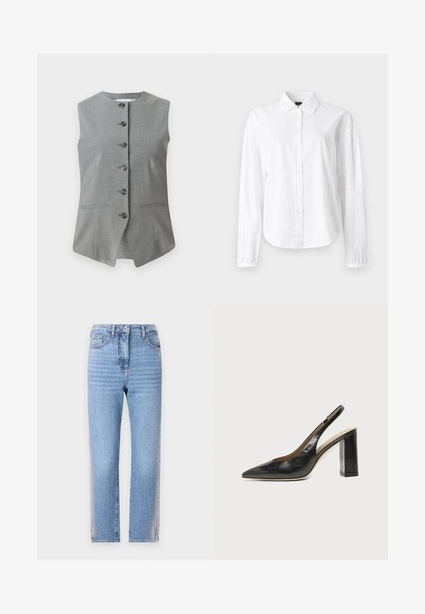 Grijze mouwloze vest met een ronde halslijn, sluiting met knopen aan de voorkant en twee zijzakken. Gemaakt van een gestructureerde stof met een getailleerde pasvorm.; Witte blouse met lange mouwen, kraag, knoopsluiting aan de voorkant en ingezette manchetten. Gemaakt van zacht, lichtgewicht stof met een gladde textuur.; Lichtblauwe denim jeans met een rechte snit, voorzien van een knoop- en ritssluiting, vijf zakken en een vervaagde textuur op de benen.; Zwarte leren slingback schoen met spits toelopend neusje, hoge blokhak en beige binnenvoering tegen een effen lichte achtergrond.
