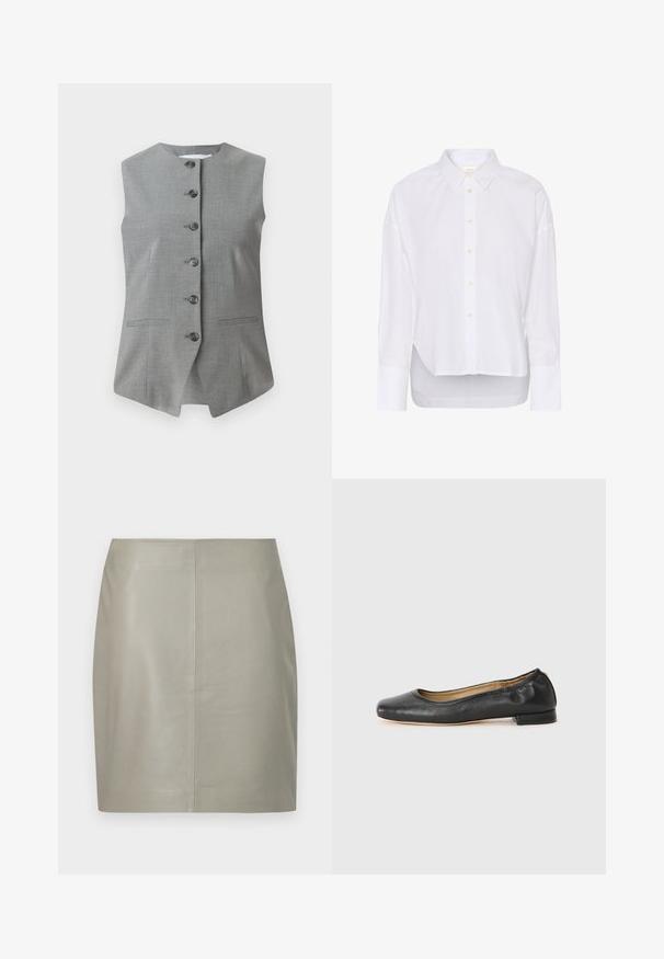 Gilet sans manches gris avec un col rond, fermeture à boutons à l'avant et deux poches latérales. Fabriqué en tissu texturé avec une coupe ajustée.; Chemise blanche à manches longues avec boutons sur le devant, col pointu, ourlet arrière légèrement plus long et larges poignets.; Jupe en cuir beige longueur genou avec une coupe droite et une couture verticale centrale, présentée sur un fond blanc.; Ballerines en cuir noir avec un bout arrondi et des coutures minimales. Talon bas et rectangulaire avec une texture lisse. Détails subtils de doublure intérieure.