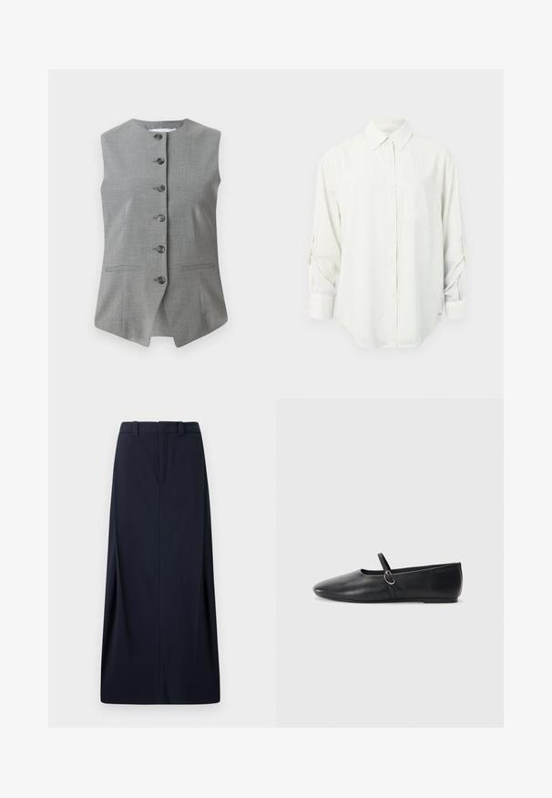 Grijze mouwloze vest met een ronde halslijn, sluiting met knopen aan de voorkant en twee zijzakken. Gemaakt van een gestructureerde stof met een getailleerde pasvorm.; Witte blouse met lange mouwen, knoopsluiting en een kraag, met een enkel borstzakje en opgerolde mouwen. Zachte, gladde stof en ontspannen pasvorm.; Navyblauwe lange rok van geweven stof, met een recht model, riemlussen en een verborgen rits. Strakke lijnen en minimalistisch ontwerp.; Zwarte leren balletschoenen met een spitse neus, platte zool en een kleine strap met een zilveren gespsluiting.