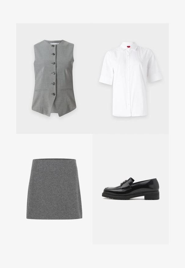 Gilet sans manches gris avec un col rond, fermeture à boutons à l'avant et deux poches latérales. Fabriqué en tissu texturé avec une coupe ajustée.; Chemise blanche à manches courtes avec col classique, fabriquée en tissu lisse. Présente un logo brodé sur la zone gauche de la poitrine.; Mini-jupe en laine grise avec une coupe droite et une taille simple, présentée sur fond blanc.; Mocassins en cuir noir brillant avec un petit talon carré, bout cousu et détail de boucle en métal sur le dessus, présentés en vue de profil sur fond blanc.