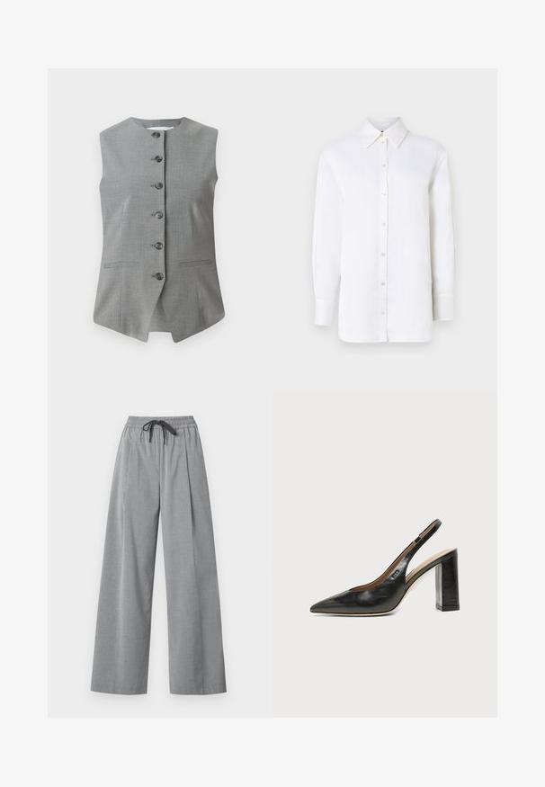 Gilet sans manches gris avec un col rond, fermeture à boutons à l'avant et deux poches latérales. Fabriqué en tissu texturé avec une coupe ajustée.; Chemise blanche en lin à col pointu, à manches longues et à fermeture boutonnée. Présente une coupe décontractée et une texture lisse.; Pantalon gris clair à jambes larges avec taille élastique et cordon noir, fabriqué en tissu lisse, présenté sur fond blanc.; Chaussure slingback en cuir noir à bout pointu avec un talon bloc haut et une doublure intérieure beige sur un fond clair uni.