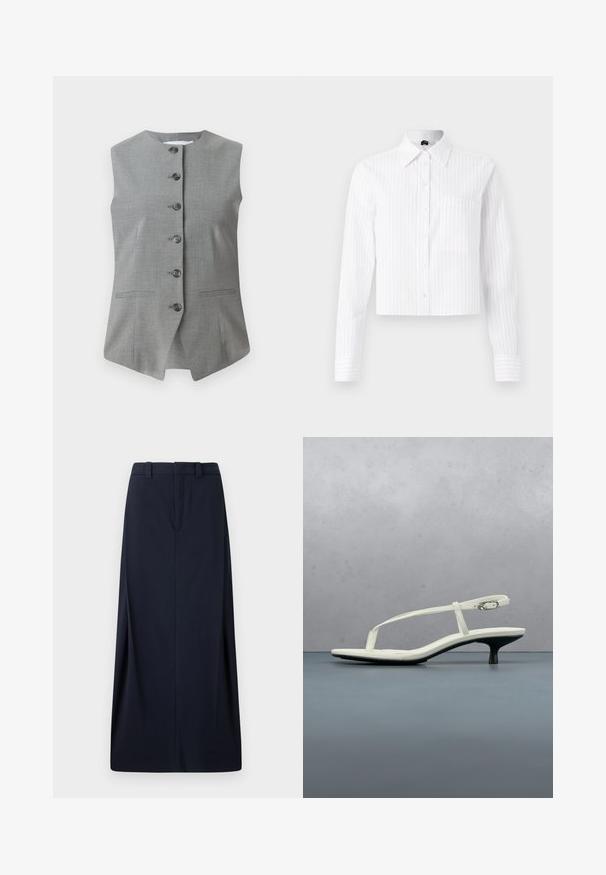 Gilet sans manches gris avec un col rond, fermeture à boutons à l'avant et deux poches latérales. Fabriqué en tissu texturé avec une coupe ajustée.; Chemise courte blanche à boutons avec des rayures verticales bleu clair, manches longues, poche poitrine unique et col classique. Tissu en mélange de coton.; Jupe longue bleu marine en tissu tissé, avec une coupe droite, des passants de ceinture et une fermeture éclair dissimulée. Lignes épurées et design minimal.; Sandale blanche à talon kitten avec des lanières et un bout pointu, flottant au-dessus d'un sol en carrelage en bois en plein air avec un arrière-plan flou de plante et de mur.