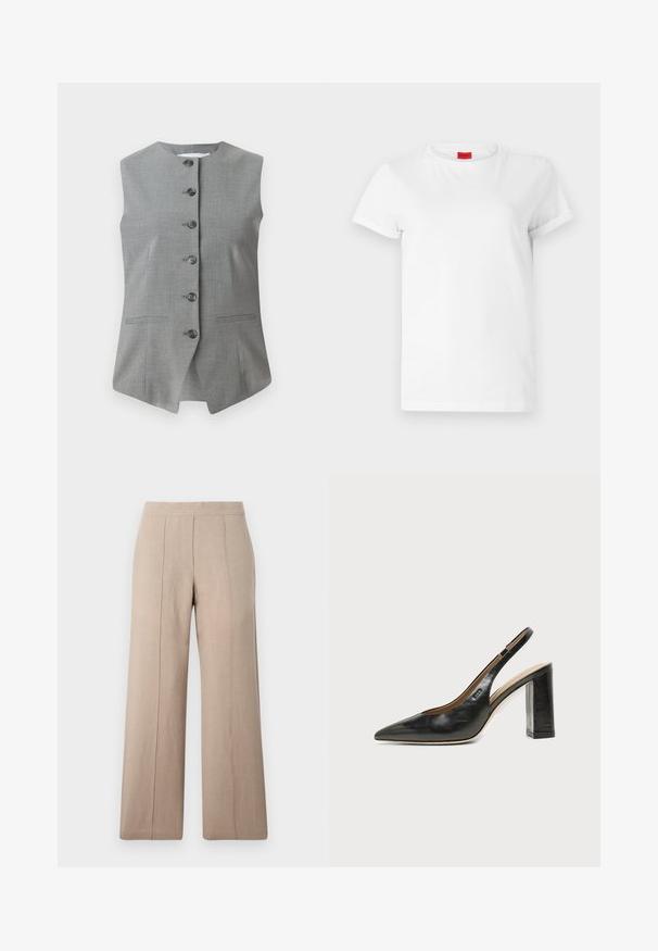 Gilet sans manches gris avec un col rond, fermeture à boutons à l'avant et deux poches latérales. Fabriqué en tissu texturé avec une coupe ajustée.; T-shirt blanc à manches courtes en coton léger. Présente un col rond et des manches retroussées. Étiquette logo rouge sur le col.; Pantalons larges beige en tissu léger, avec des plis à l'avant, une ceinture lisse et une coupe droite aux ourlets nets.; Chaussure slingback en cuir noir à bout pointu avec un talon bloc haut et une doublure intérieure beige sur un fond clair uni.