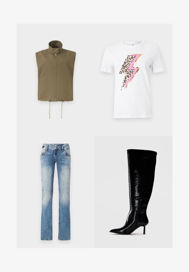 Ærmeløs olivengrøn vest med høj krave, forlynlås, to sidelommer og justerbare snører i bundkanten.; Hvid T-shirt med korte ærmer og stort lyn-design på forsiden med leopardprint, pink og guldfolie accenter.; Lyseblå denimjeans med lige ben-design, der har en fem-knaps lukning, forlommer og subtile falme-detaljer.; Støvler i sort læder til knæene med en blank, krokodillemønster-finish. Spids tå og tynd hæl; har en sidelukning med lynlås.