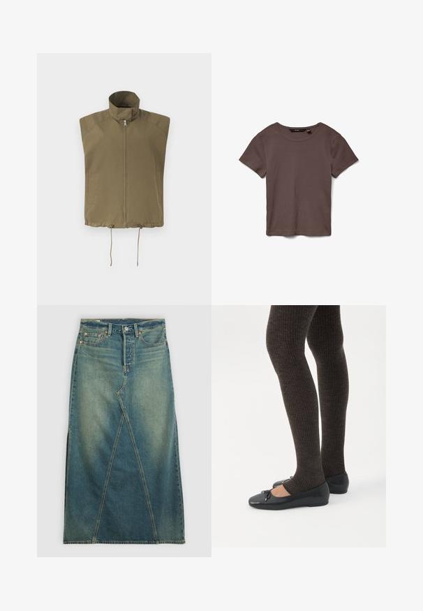 Chaleco sin mangas de color verde oliva con cuello alto, cremallera frontal, dos bolsillos laterales y cordones ajustables en el dobladillo inferior.; Camiseta marrón de manga corta, de punto acanalado, con escote redondo, extendida sobre un fondo blanco.; Falda de mezclilla de cintura alta, en azul medio. Presenta una costura delantera distintiva, aberturas laterales y diseño de cinco bolsillos estándar.; Piernas con leggings oscuros acanalados combinados con bailarinas negras que presentan pequeños detalles de lazo sobre un fondo blanco.