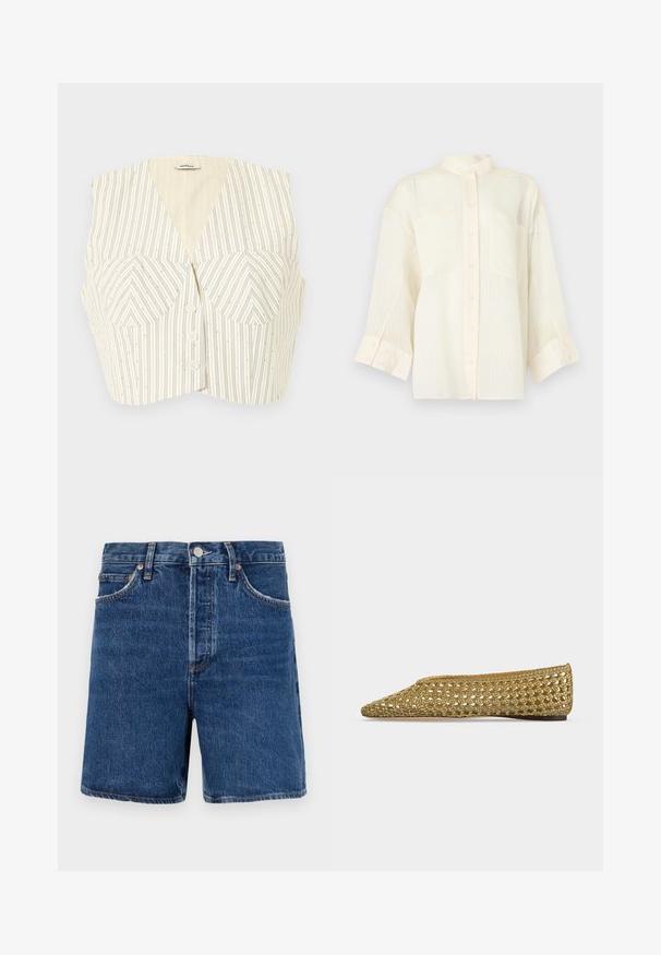 Veste courte crème avec fines rayures verticales noires, bonnets structurés et trois boutons à l'avant.; Blouse crème à manches longues avec boutons sur le devant, deux poches plaquées et un col montant, présentée sur un fond clair uni.; Chino shorts en denim bleu foncé avec une coupe classique, comportant cinq poches, une fermeture à bouton et des détails de couture orange contrastants.; Chaussure plate en or tissée à enfiler avec bout pointu et petit talon, montrée de profil sur fond blanc.