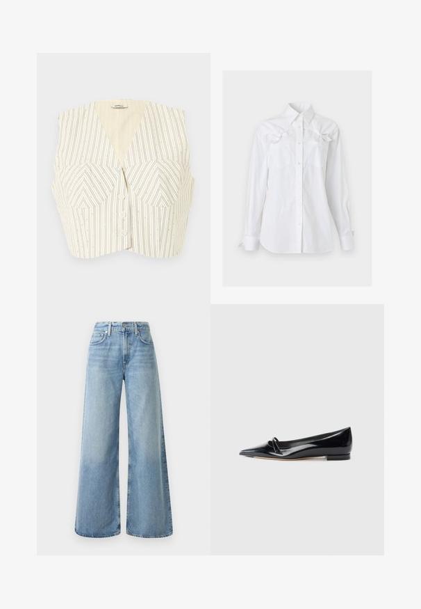 Chaleco corto de crema con finas rayas verticales negras, copas estructuradas y tres botones frontales.; Camisa blanca de manga larga con cuello y dos bolsillos en el pecho, cada uno con un lazo decorativo cerca de la parte superior.; Jeans de mezclilla anchos de color azul claro con una cintura alta, que cuentan con cuatro bolsillos, un cierre de botón y un ligero desgaste en la tela.; Zapato plano de charol negro con punta afilada, pequeña tira decorativa y tacón bajo. Textura suave y diseño elegante.