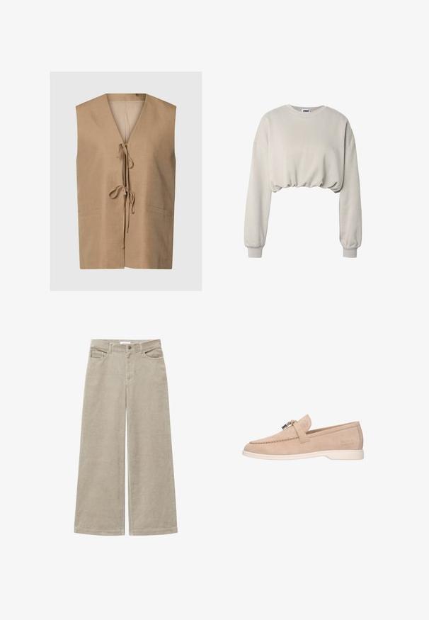 Ærmeløs beige vest med V-hals og to forreste snore, med minimal syningsdetalje og en ensartet, glat tekstur.; Lys beige cropped sweatshirt med lange ærmer, ribstrikkede manchetter og en gathered kant, fra Urban Classics.; Beige fløjlsbukser med vidde, der har en ribbet tekstur, og som har fem lommer samt en lynlås og knap foran. Buksebenene er pænt afsluttede.; Beige ruskind slip-on loafer med hvid sål, metalspænde på toppen og "Melvin & Hamilton" præget på siden.