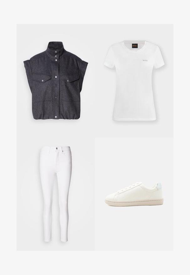 Veste courte à manches courtes, gris foncé, fabriquée en tissu texturé, avec fermeture à boutons-pression et deux poches avant à rabat. Design à col haut.; T-shirt blanc à manches courtes et col rond avec petit logo doré "BOSS" sur la poitrine gauche et étiquette noire avec texte orange "BOSS" à l'intérieur du col.; Jean skinny en denim blanc avec une taille haute, dotés d'une fermeture par bouton et zipper à l'avant, et de cinq poches. Texture lisse, design ajusté.; Baskets blanches basses avec fermeture à lacets, semelle beige clair, motif subtil cousu sur le côté, et languette de talon métallique argentée.