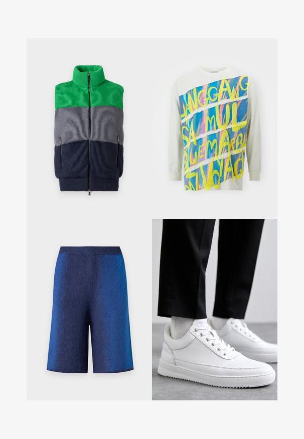 Iceberg Liivi - fantasia verde/grigio/blu; Valkoinen pitkähihainen paita vaaleassa beigen väessä, jossa on kirkas ja värikäs grafiikka keltaisella ja sinisellä tekstillä edessä, sileä puuvillakangas.; Tummansiniset shortsit, joissa on teksturoitu pinta, suora leikkaus ja saumatön vyötärö, suunniteltu mukavuuden ja rentoa ilmettä varten.; Valkoiset nahkakengät, joissa on litteä kumipohja, sileä pinta, pyöreä kärki ja metalliset nauha-aukot. Yhdistetty mustiin housuihin.