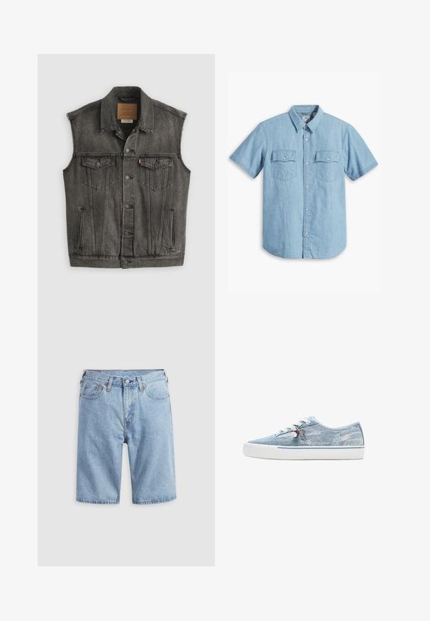 Sort falmet ærmeløs denimvest med knaplukning foran og to knappede brystlommer, lagt fladt på hvid baggrund.; Lyseblå kortærmet skjorte med knaplukning lavet af denim, med to brystlommer med lodret syning og en klassisk krave.; Lyseblå denimshorts med forlommer, bæltestropper og knaplukning på en ensfarvet lys baggrund.; Lavtopet sneaker i lyseblåt denim med hvid gummisål, hvide snørebånd og dekorative charms, der hænger fra de sideplacerede snørehuller.
