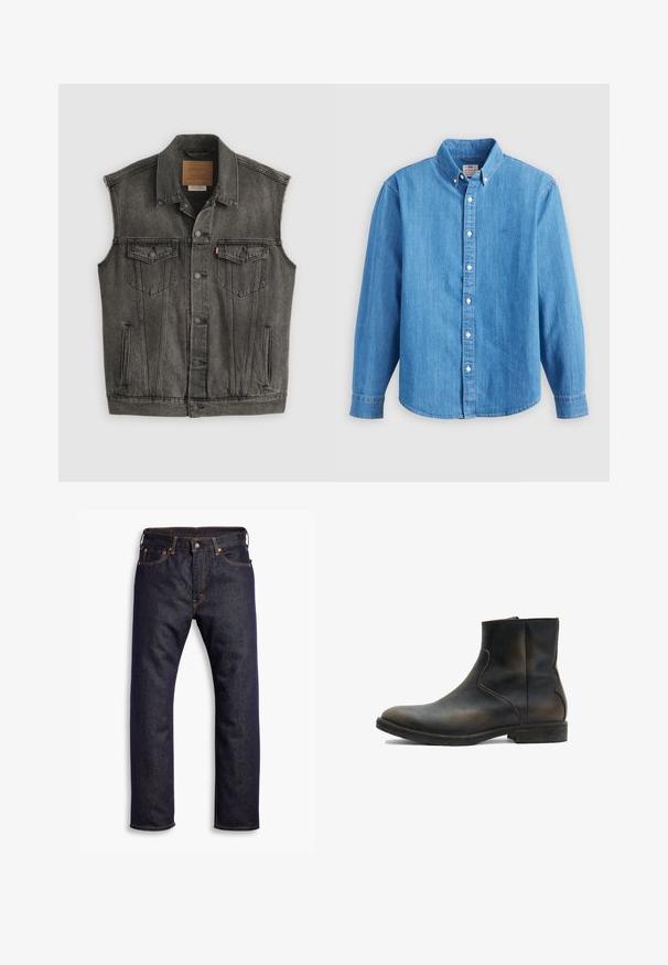Schwarz ausgewaschene ärmellose Jeansweste mit Knopfleiste vorne und zwei aufgesetzten Brusttaschen mit Knöpfen, flach auf weißem Hintergrund liegend.; Hellblaues Jeanshemd mit langen Ärmeln, button-down Kragen und weißen Knöpfen. Verfügt über ein kleines besticktes Logo auf der Brust.; Dunkelblaue gerade geschnittene Jeans aus Denim mit fünf Taschen und orangefarbenen Kontrastnähten, flach auf einem weißen Hintergrund ausgelegt.; AllSaints LANG - Stiefelette - brown