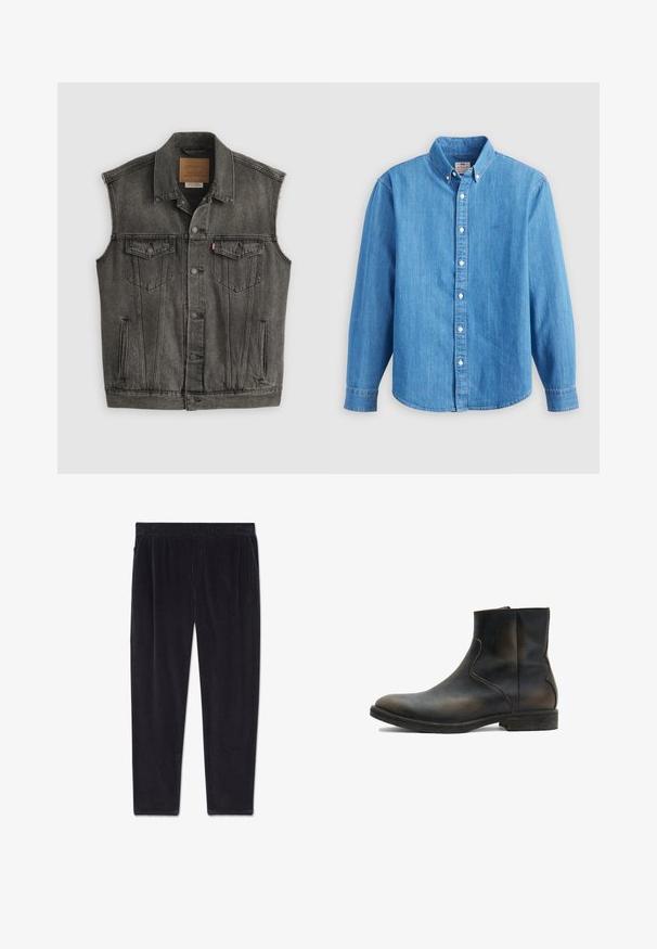 Chaleco vaquero sin mangas negro descolorido con cierre frontal de botones y dos bolsillos en el pecho con botones, colocado plano sobre fondo blanco.; Camisa de mezclilla azul claro con mangas largas, cuello abotonado y botones blancos. Presenta un pequeño logo bordado en el pecho.; Pantalones de pana negros con cintura elástica y bolsillos laterales, mostrados extendidos sobre un fondo blanco.; AllSaints LANG - Botines - brown