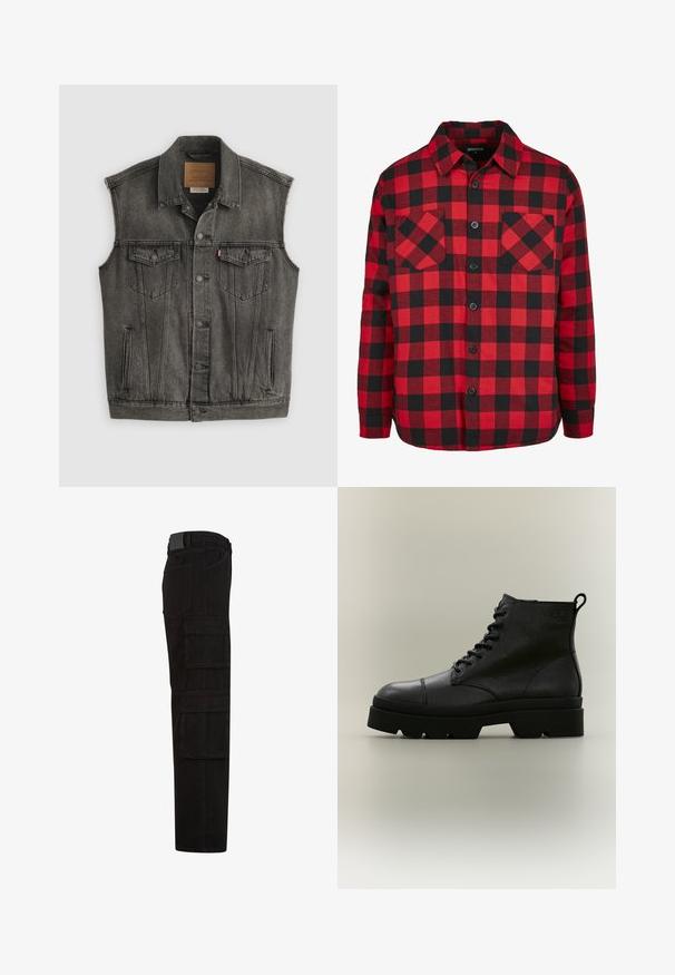 Veste en jean noire délavée sans manches avec fermeture frontale à boutons et deux poches poitrine à boutons, posée à plat sur fond blanc.; Chemise en flanelle à carreaux rouges et noirs avec un design à boutons, dotée de deux poches poitrine et d'un col. Fabriquée en coton texturé.; Pantalon cargo noir avec plusieurs grandes poches à rabat, passants de ceinture, et une coupe droite, vu de côté.; Botte noire en cuir texturé à lacets avec semelle épaisse et languette à l'arrière, vue de profil sur fond neutre.