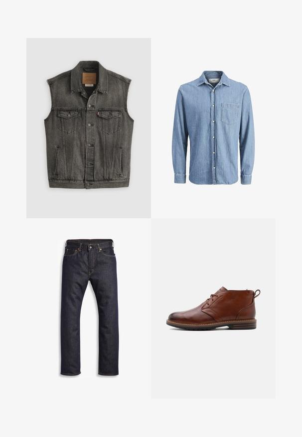 Zwarte vervaagde mouwloze spijkervest met knopen aan de voorkant en twee met knopen gesloten borstzakken, plat gelegd op een witte achtergrond.; Lichtblauwe denim overhemd met een button-down kraag, lange mouwen, een borstzak en een geborduurd logo op de zak.; Donkerblauwe denim jeans met rechte snit, vijf zakken, metalen hardware en contrasterende oranje stiksels. Glad oppervlak, geen zichtbare patronen.; Bruine leren enkellaars met veters aan de voorkant, lage hak en een trek lus aan de achterkant, getoond vanaf de buitenkant op een effen achtergrond.