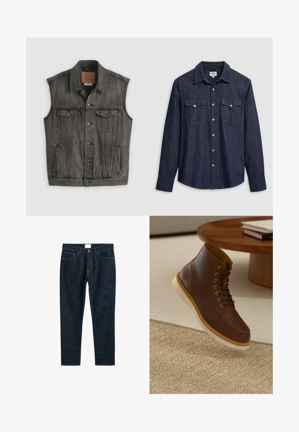 Sort falmet ærmeløs denimvest med knaplukning foran og to knappede brystlommer, lagt fladt på hvid baggrund.; Mørkeblå denimskjorte med spids krave, trykknapper og brystlommer. Har syningsdetaljer og lange ærmer.; Mørkeblå denim jeans, lige pasform, med fem lommer, knaplukning og kontraststikninger. Glat tekstur med et klassisk design.; Brune læderankelstøvle med beige sål på et struktureret beige tæppe ved siden af et rundt træbord med stakke af bøger.